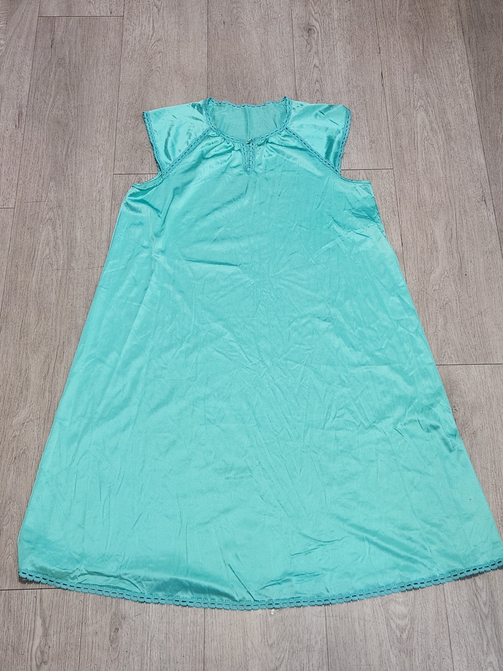 Vintage Aqua Turquoise Satin Nightgown Dress Lace Trim - Fits M/L